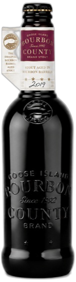Zwarte fles Goose Island Bourbon County Brand Stout 2019 met bordeauxrood etiket en halslabel.