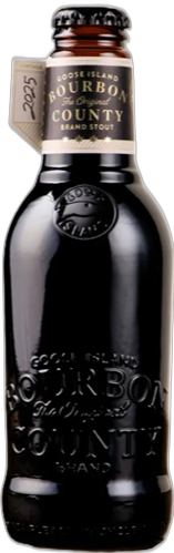 Zwarte fles Goose Island Bourbon County Brand Stout 2025 met gouden halslabel op witte achtergrond