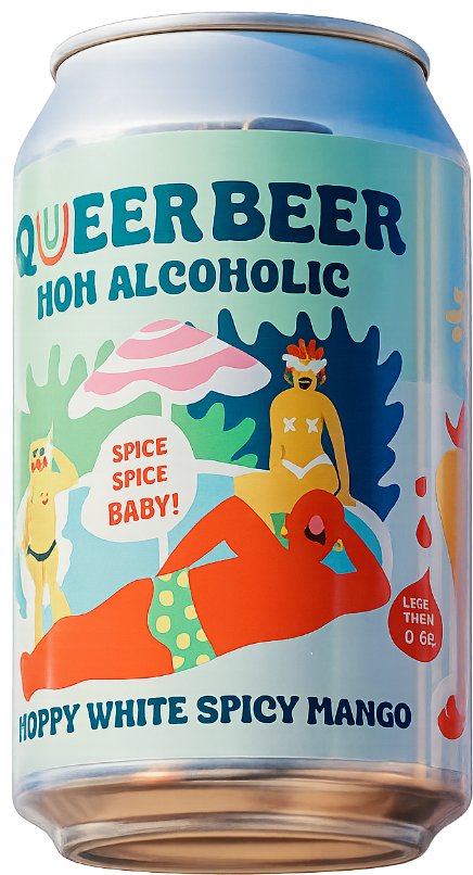 Blikje Queer Beer 0.0 spicy mango met mintgroen label en kleurrijke strandillustratie.