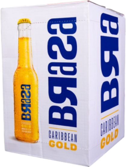 Witte Brasa Caribbean Gold bierdoos met blauwe letters en afbeelding van een geel bierflesje.