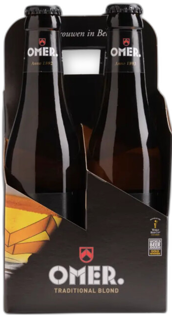 Omer traditional blond bierverpakking met 4 donkere flesjes in een zwarte kartonnen tray met het logo en het glas erop.