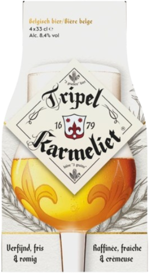 Witte verpakking van Tripel Karmeliet met 4 flesjes van 33 cl en een gevuld bierglas op de voorkant.