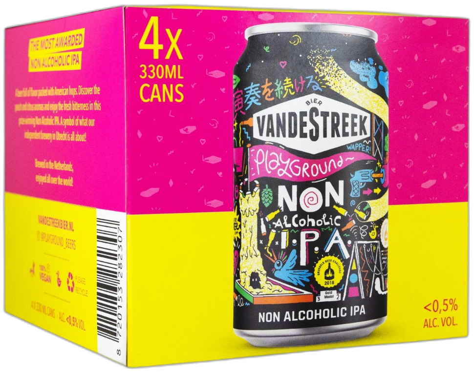 Roze-gele verpakking met 4 blikjes Vandestreek Playground non-alcoholic IPA van 330 ml.