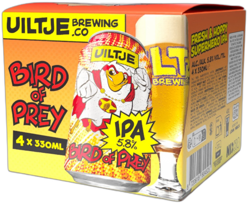 Verpakking Het Uiltje Bird of Prey IPA met blikillustratie en bierglas op oranje-gele doos.
