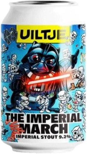 Blik Uiltje The Imperial March imperial stout met blauw striplabel en donkere helmfiguur.