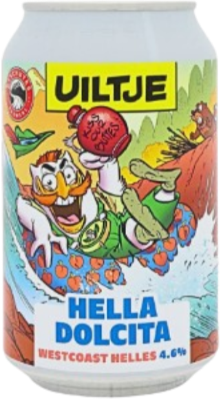 Blikje Uiltje Hella Dolcita met kleurrijke cartoonillustratie en tekst Westcoast Helles 4.6%.