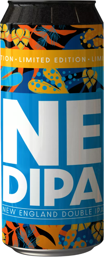 Blik Schultenbräu NEDIPA met blauw etiket en kleurrijk limited edition patroon op zwarte achtergrond
