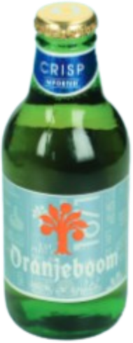 Groen Oranjeboom Crisp bierflesje met lichtblauw etiket, oranje logo en gouden dop.