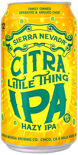 Geel blik Sierra Nevada Citra Little Thing hazy IPA met groene letters op witte achtergrond.