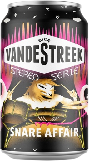 Blik vandeStreek Snare Affair met zwarte en roze labelillustratie van een drummer achter een snaredrum.