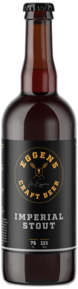 Donkere fles Eggens Imperial Stout met zwart etiket, kroonkurk en aanduiding 75 cl en 11% alcohol.