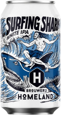 Wit blikje Homeland Surfing Shark White IPA met surfer op haai tussen blauwe golven.