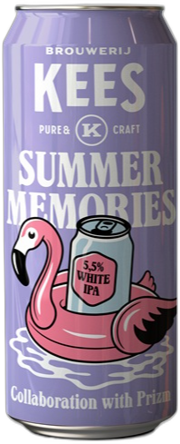 Paars 44 cl blik Kees Summer Memories met flamingo-zwemband en White IPA illustratie
