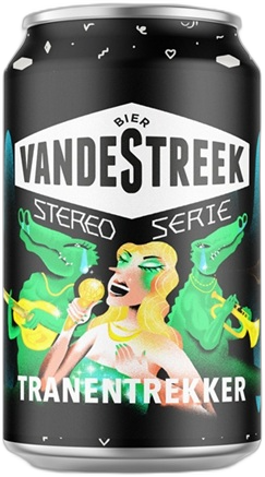 Zwart blik VandeStreek TranenTrekker bier met zangeres en groene krokodillen op het etiket.