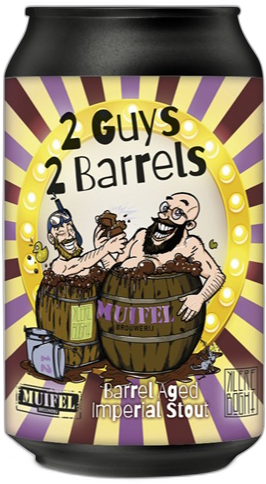 Blik Muifel 2 Guys 2 Barrels met twee cartoonmannen in biervaten en paarse en gele strepen.