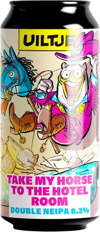 Blik Uiltje Take My Horse to the Hotel Room met kleurrijke cartoon van paard en ruiter.