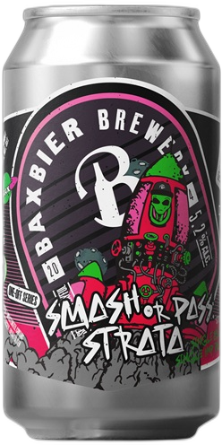 Zilverkleurig blik Bax Bier Smash or Pass met kleurrijk graffiti-achtig etiket op witte achtergrond.