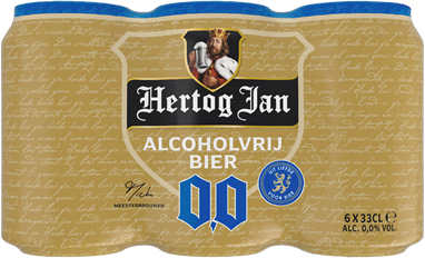 Hertog Jan 0.0 alcoholvrij bier sixpack met goudkleurige verpakking en blauwe blikdeksels.
