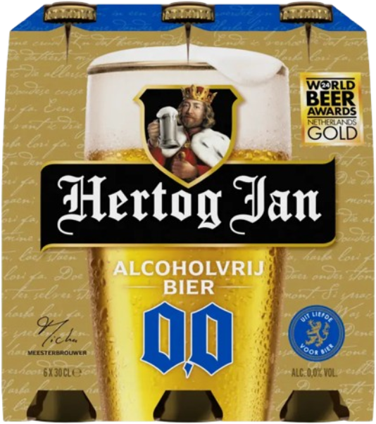 Verpakking Hertog Jan 0.0 alcoholvrij bier met zes flesjes van 30 cl op goudkleurige achtergrond.