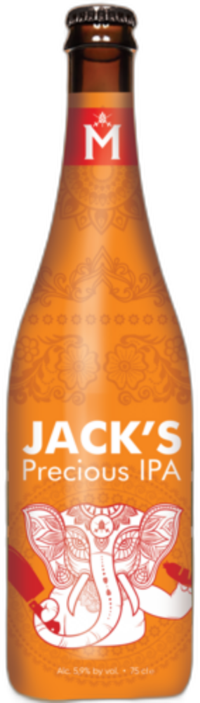 Oranje fles Jack's Precious IPA van 75 cl met witte olifantillustratie en rode halsband op zwarte achtergrond.