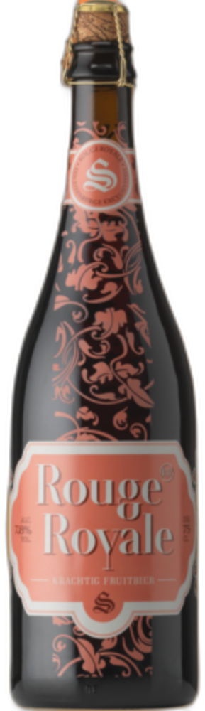 Donkere fles Rouge Royale fruitbier met koperroze etiket en sierlijke decoratie op zwarte achtergrond.