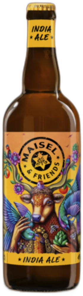 Fles Maisel & Friends India Ale met kleurrijk etiket en hertillustratie tegen zwarte achtergrond.