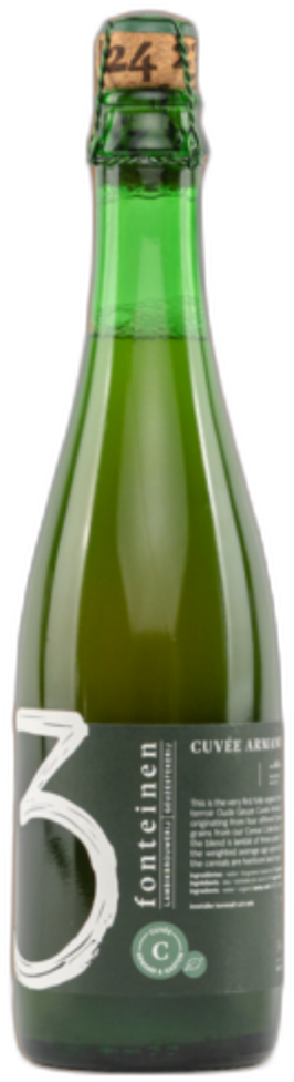 Groene fles 3 Fonteinen Oude Geuze Cuvée Armand & Gaston Bio met donker etiket op zwarte achtergrond.