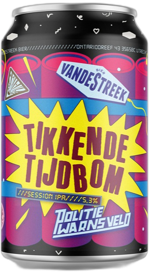 Blik vandeStreek Tikkende Tijdbom met kleurrijk stripdesign en geel explosielabel.