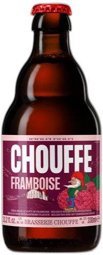 Fles Chouffe Framboise 33 cl met rood kroonkurkje, roze etiket, frambozen en kabouter op witte achtergrond.