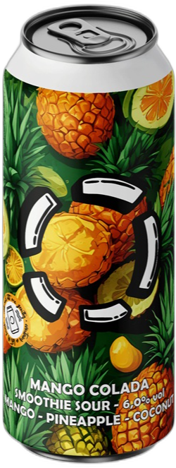 LOST Mango Colada blik met tropische ananas- en mangoprint op witte achtergrond