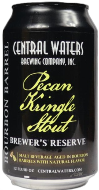 Zwart blik Central Waters Pecan Kringle Stout met witte en gele typografie op een witte achtergrond.