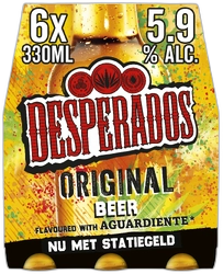 Vooraanzicht van Desperados Original Beer 6-pack met 6 flesjes van 330 ml en 5,9% alcohol.
