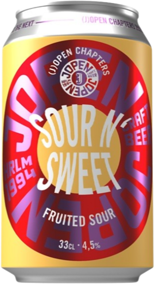 Geel Jopen Sour N' Sweet bierblikje met rood-paars etiket en zilveren bovenkant.