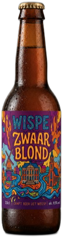 Bruine fles Wispe Zwaar Blond bier met kleurrijk etiket en kroonkurk op witte achtergrond.