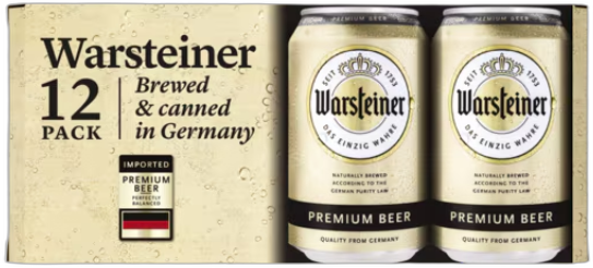 Warsteiner Premium Pilsener 12-pack met twee zichtbare blikjes en beige verpakking.