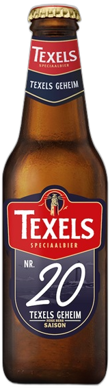 Bruine fles Texels Speciaalbier Nr. 20 Texels Geheim saison met rood-blauw etiket en gouden kroonkurk.