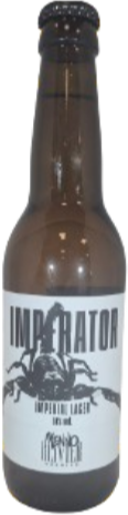 Bruin 33 cl bierflesje met wit Imperator-etiket en donkere kroonkurk tegen zwarte achtergrond.