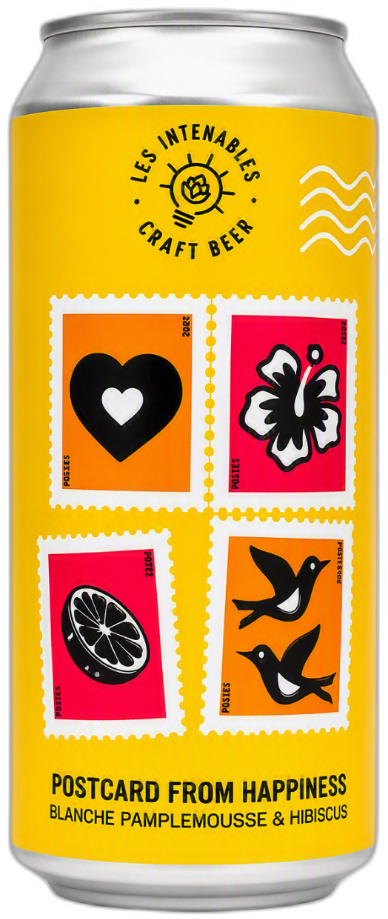 Geel bierblik Les Intenables Postcard From Happiness met vier postzegelillustraties.