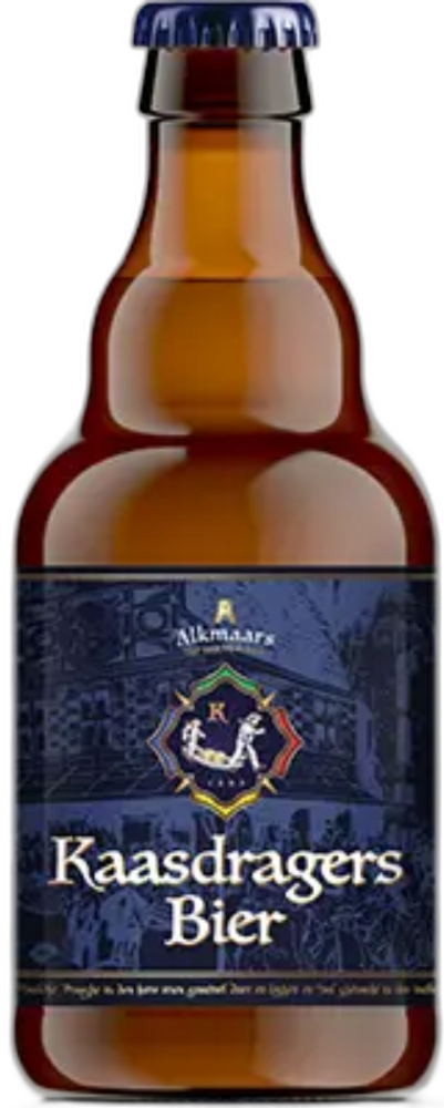 Bruine bierfles Sancti Adalberti Kaasdragers Bier met blauw etiket op witte achtergrond.