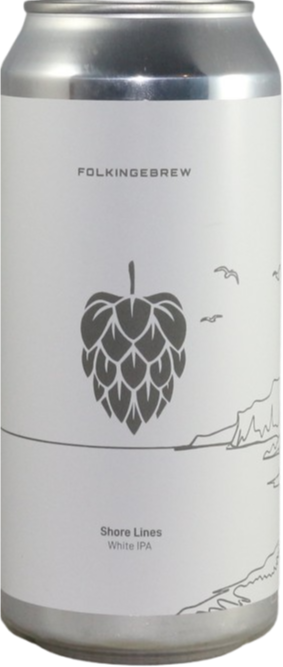 Blik Folkingebrew Shore Lines White IPA met wit label, hopillustratie en kustlijntekening.