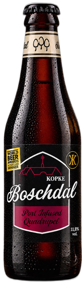 Donker Boschdal Port Infused Quadrupel bierflesje met zwart etiket, rode accenten en condens.