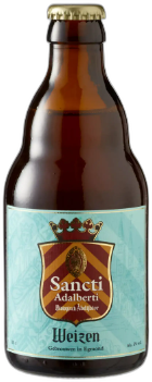 Bruin flesje Sancti Adalberti Weizen met lichtblauw etiket en goudkleurige kroonkurk.