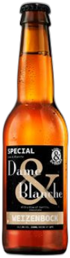 Amberkleurig De Molen Dame & Blanche bierflesje met zwart etiket en zwarte kroonkurk op witte achtergrond.