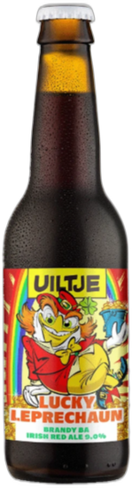 Donker bierflesje Uiltje Lucky Leprechaun met kleurrijk cartoonetiket op witte achtergrond.