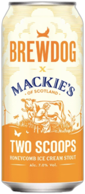 Blik BrewDog x Mackie's Two Scoops Honeycomb Ice Cream Stout met wit-oranje etiket.
