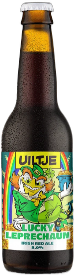 Fles Uiltje Lucky Leprechaun Irish Red Ale met kleurrijk etiket op witte achtergrond.
