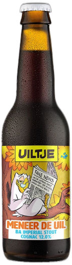 Fles Uiltje Meneer de Uil BA Imperial Stout Cognac 12,0% met kleurrijk etiket op witte achtergrond.
