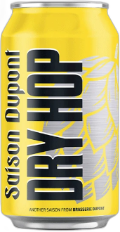 Geel blik Saison Dupont Dry Hop met zwarte typografie en hopillustratie op witte achtergrond.