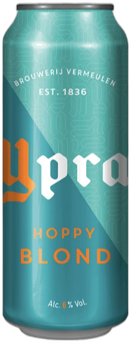 Turquoise blik Ypra Hoppy Blond van Brouwerij Vermeulen met oranje en witte typografie op witte achtergrond