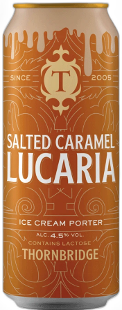 Oranjebruin Thornbridge Salted Caramel Lucaria bierblik met witte typografie